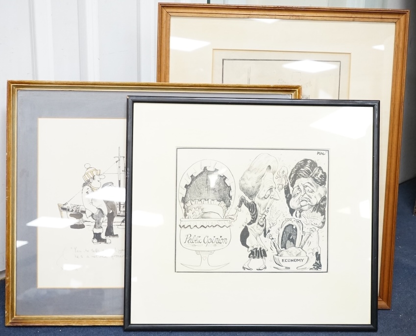 Three 20th century monochrome cartoons and caricatures, to include one by Kevin Kallaugher (Kal, b.1955), ‘Public opinion', signed and dated '86, one by Charles Ince 'Toothache', signed and dated 1906, largest 38 x 24cm.